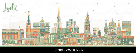 Skyline della città di Lodz, Polonia, con edifici colorati. Illustrazione vettoriale. Paesaggio urbano di Lodz con monumenti storici. Illustrazione Vettoriale