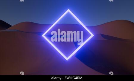 illustrazione in 3d, quadrato luminoso al neon nel deserto di notte Foto Stock