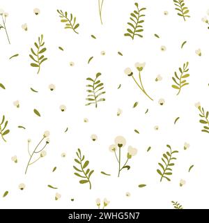 Disegno a mano con motivi botanici senza cuciture. Sfondo bianco con delicati fiori e foglie. Stile minimalista. Cotone in fiore. Illustrazione vettoriale. Illustrazione Vettoriale