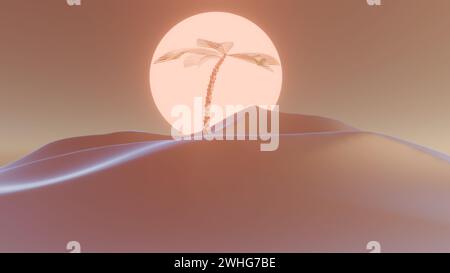 il design minimalista presenta palme contro il sole, incarnando uno stile retrò con linee pulite ed elementi nostalgici Foto Stock