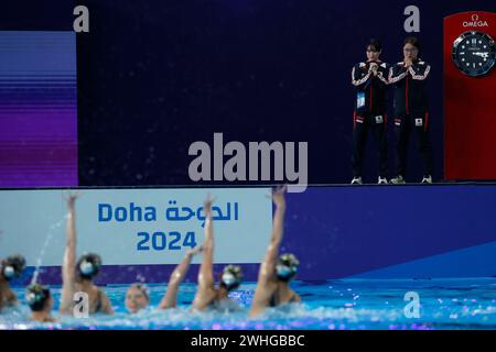 Doha, Qatar. 9 febbraio 2024. Japan team Group (JPN) Artistic Swimming : World Aquatics Championships Doha 2024 Team Free routine Final all'Aspire Dome di Doha, Qatar . Crediti: AFLO/Alamy Live News Foto Stock