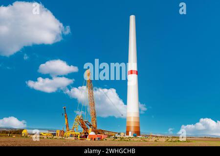 Costruzione e assemblaggio di una turbina eolica da costruzione tramite gru. Terreni agricoli con lavori di costruzione Foto Stock