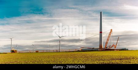 Costruzione e assemblaggio di una turbina eolica da costruzione tramite gru. Terreni agricoli con lavori di costruzione Foto Stock