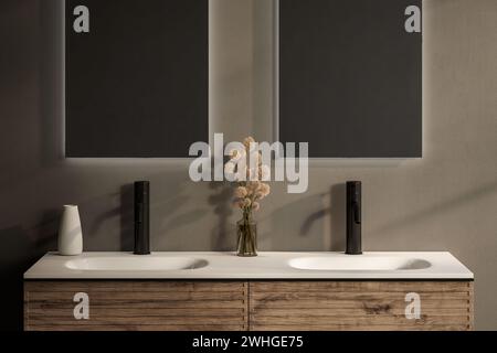 Primo piano di doppio lavabo con specchi in piedi su parete grigia, armadietto in legno con rubinetti in bagno minimalista Foto Stock