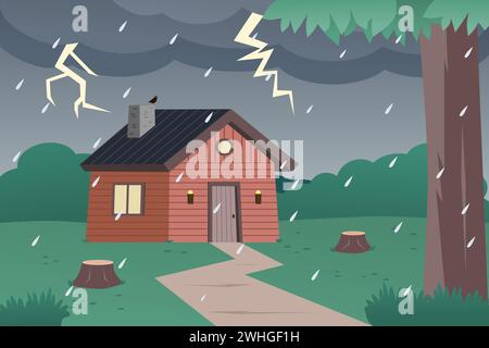 Casa di legno nella foresta con il tempo piovoso. Pioggia e tempesta. Illustrazione vettoriale. Illustrazione Vettoriale