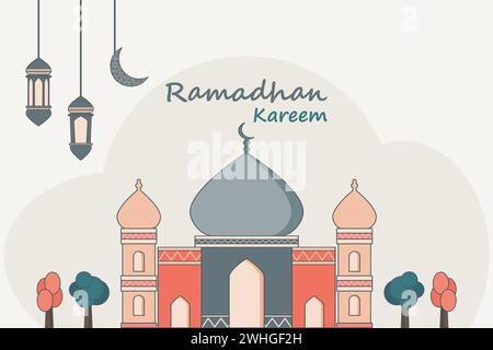 Concetto di Ramadhan Kareem. Design di sfondo islamico con moschea e ornamento. Illustrazione vettoriale. Illustrazione Vettoriale
