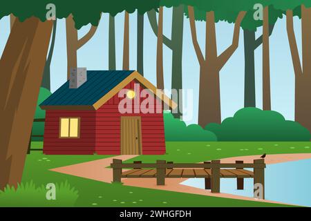 Casa di legno rossa nella foresta con fiume o lago. Paesaggio forestale con illustrazione vettoriale cabina. Campagna. Illustrazione Vettoriale