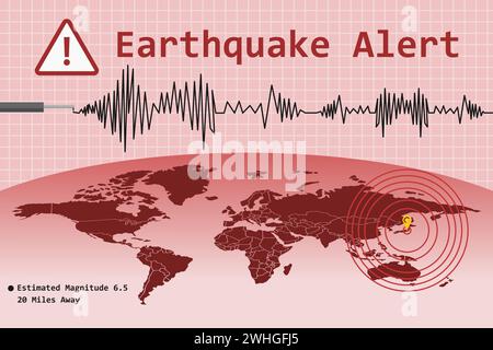 Concetto di allarme terremoto con indicatore di posizione dell'epicentro di pulsazione e mappa del mondo. Illustrazione vettoriale. Illustrazione Vettoriale