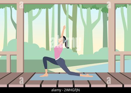 Una giovane donna in abbigliamento sportivo in piedi in piedi in yoga posare sulla terrazza con alberi sullo sfondo. Illustrazione vettoriale. Illustrazione Vettoriale