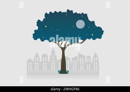 Un albero con cielo stellato e città sullo sfondo. Illustrazione vettoriale. Illustrazione Vettoriale