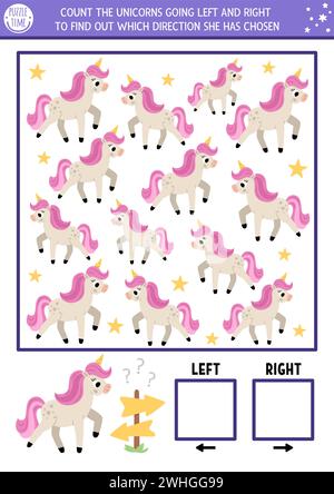 Gioco di logica dei trasporti con concetto di destra e sinistra per bambini. Spio la ricerca, contando le attività con la macchina. Orientamento spazio stampabile per il trasporto Illustrazione Vettoriale
