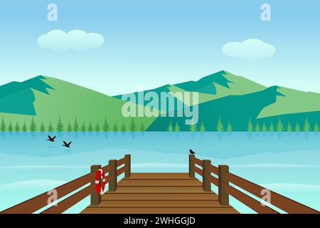 Molo in legno sulla riva del mare con lago e montagne nelle giornate di sole. Illustrazione vettoriale. Illustrazione Vettoriale