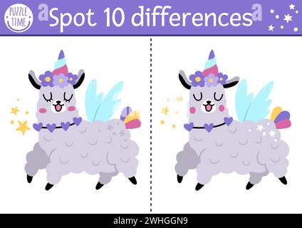 Trova il gioco delle differenze per i bambini con lama unicorno. Attività didattica da favola con divertente alpaca con corno. Puzzle carino per bambini con simpatico fan Illustrazione Vettoriale