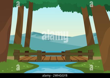 Piccolo ponte di legno nella foresta con piccolo fiume e montagne. Illustrazione vettoriale. Illustrazione Vettoriale