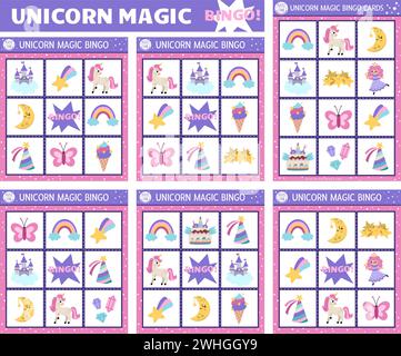 Set di carte bingo vettoriali unicorno. Divertente gioco da tavolo per tutta la famiglia con una simpatica fata, un castello, un arcobaleno per bambini. Attività della lotteria da favola. Semplice magia o fan Illustrazione Vettoriale