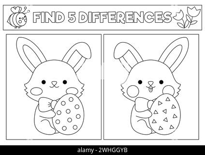 I kawaii bianchi e neri di Pasqua trovano il gioco delle differenze. Pagina da colorare con simpatico coniglietto seduto con uovo. Puzzle per le vacanze primaverili o attività per i bambini. Stampa Illustrazione Vettoriale