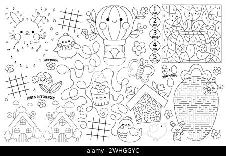 Tovaglietta di Pasqua Vector kawaii per bambini. Tappetino per attività stampabile per le vacanze primaverili con labirinto, tabelle dei piedi tac, collega i punti e trova la differenza. Nero Illustrazione Vettoriale