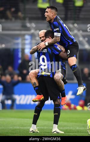 Marcus Thuram (FC Internazionale), Lautaro Martinez (FC Internazionale), Federico Dimarco (FC Internazionale) festeggia dopo il gol di Federico Foto Stock