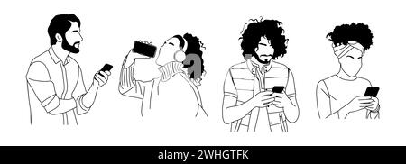 Persone diverse che tengono in mano, usando i telefoni cellulari. Illustrazione Vettoriale