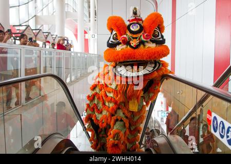 Indonesia. 10 febbraio 2024. La danza dei leoni Barongsai si esibisce durante la celebrazione del capodanno cinese alla stazione ferroviaria ad alta velocità di Padalarang a Bandung. PT Kereta Cepat Indonesia Cina ha tenuto uno spettacolo di danza del leone per intrattenere i passeggeri alla stazione ferroviaria ad alta velocità di Jakarta Bandung e per celebrare il capodanno cinese del drago. Credito: SOPA Images Limited/Alamy Live News Foto Stock