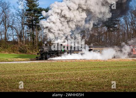 Vista di un classico treno passeggeri a vapore, che soffia molto fumo e vapore, durante il viaggio in campagna in un giorno d'autunno Foto Stock