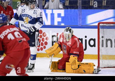 Karlstad 20240210Il portiere della Repubblica Ceca Jakub Malek durante la partita di hockey su ghiaccio di sabato ai Beijer Hockey Games (Euro Hockey Tour) tra Finl Foto Stock