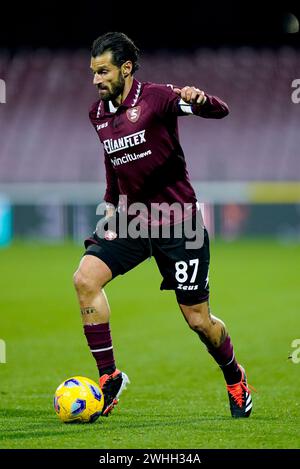 Salerno, Italia. 9 febbraio 2024. Antonio Candreva della US Salernitana durante la partita di serie A tra US Salernitana e Empoli FC allo Stadio Arechi il 9 febbraio 2024 a Salerno. Crediti: Giuseppe Maffia/Alamy Live News Foto Stock