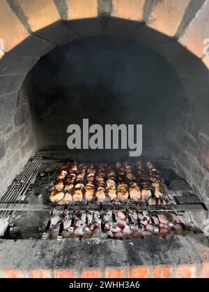 I succosi kebab vengono cucinati su spiedini in un forno di mattoni Foto Stock