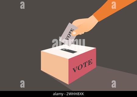 Mano che tiene le schede elettorali per il voto elettorale. Uomo Voter che mette il voto nella casella di voto. Illustrazione vettoriale. Illustrazione Vettoriale