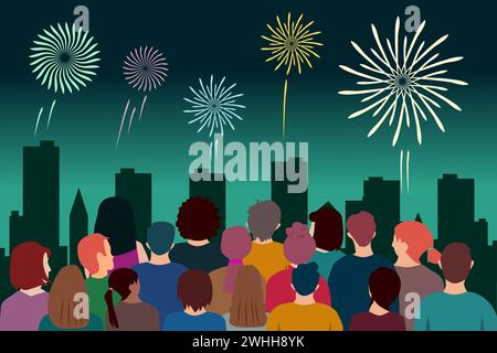 Folla di persone che guardano i fuochi d'artificio. Panorama dello spettacolo notturno di cielo in città. Anno nuovo. Illustrazione vettoriale. Illustrazione Vettoriale