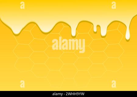 Olio o miele fuso su sfondo giallo a nido d'ape. Gocciolamento di miele. Illustrazione vettoriale. Illustrazione Vettoriale
