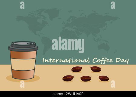 Banner orizzontale International Coffee Day. Tazza di carta da caffè con chicchi di caffè sullo sfondo della mappa mondiale. Illustrazione Vettoriale