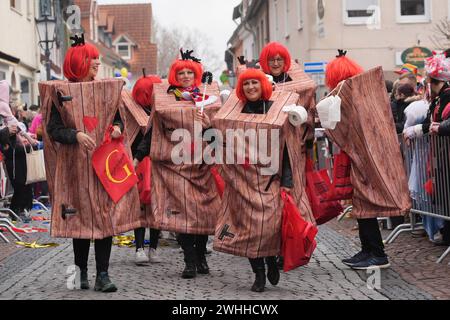 Gernsemer Buwe un Mädscher als Toilettenhäuschen beim Umzug - Gernsheim 10.02.2024: Straßenfastnacht *** Gernsemer Buwe un Mädscher come toilette presso la sfilata Gernsheim 10 02 2024 Carnevale di strada Foto Stock