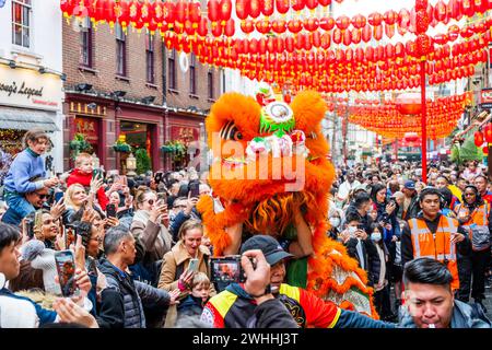 Londra, Regno Unito. 10 febbraio 2024. I ballerini dei leoni visitano i negozi e i ristoranti di Chinatown, Londra, per portare loro buona fortuna per il nuovo anno. Il 2024 è l'anno del drago. Crediti: Guy Bell/Alamy Live News Foto Stock