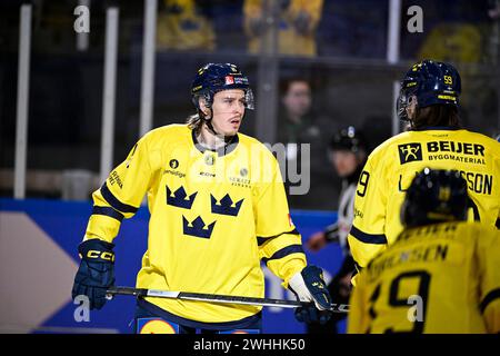 KARLSTAD, SVEZIA 20240210Joakim Nygård (L) svedese celebra il punteggio ottenuto durante la partita di hockey su ghiaccio Beijer Hockey Games (Euro Hockey Tour) tra Swe Foto Stock