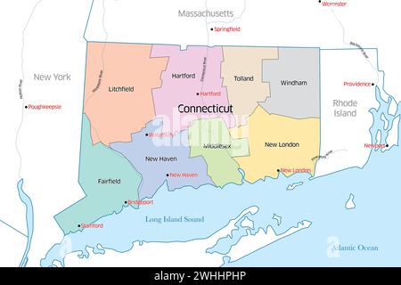 Colorata mappa politica dello stato del Connecticut che delinea le varie contee che compongono la regione Foto Stock