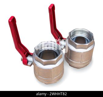 Coppia di rubinetti a sfera da 2,5 cm isolati su sfondo bianco Foto Stock