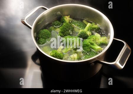 Cucinare i broccoli in acqua bollente in una pentola di acciaio inossidabile sul piano cottura nero in cucina, preparazione per una vegeta sana Foto Stock