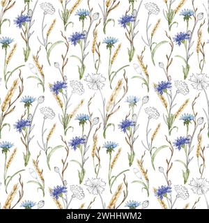 Fiori di prato ad acquerello motivo senza cuciture, carta per ripetizione di fiori selvatici, sfondo tessile, fiori blu e motivo grano Foto Stock