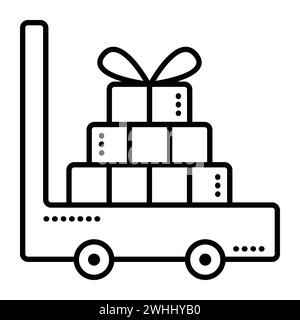 Carrello con carico, icona vettoriale con linea nera, simbolo del trasporto in magazzino con pacchi Illustrazione Vettoriale