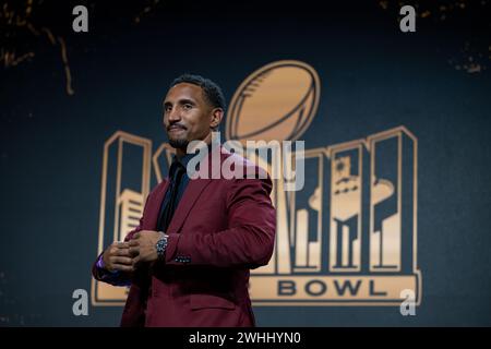 Las Vegas, Stati Uniti. 9 febbraio 2024. Super Bowl LVIII, discussione della National Football League. Il professionista tedesco della NFL Jakob Johnson partecipa a un panel sulla NFL sui giocatori internazionali. Crediti: Maximilian Haupt/dpa/Alamy Live News Foto Stock