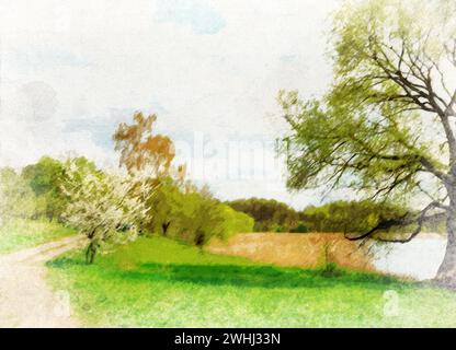 Acquerello primavera paesaggio pittura con alberi. Composizione primaverile o estiva con paesaggio verde con alberi ed erba. Pittura digitale Foto Stock