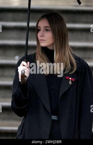 Torino, Italia. 10 febbraio 2024. Principessa Vittoria di Savoia, partenza dai funerali di S.R. Vittorio Emanuele di Savoia presso la Cattedrale di San Giovanni Battista a Torino, Italia, il 10 febbraio 2024. Foto di Marco Piovanotto/ABACAPRESS.COM credito: Abaca Press/Alamy Live News Foto Stock