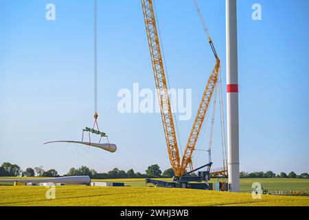 Gru gigante che solleva una pala della turbina eolica per installarla sulla torre, sul cantiere dell'industria pesante, concetto di elettricità Foto Stock