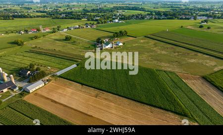 Vista aerea diagonale di terreni agricoli variegati con colture diverse, edifici agricoli, Silos e Una rete di strade alla luce della prima sera. Foto Stock