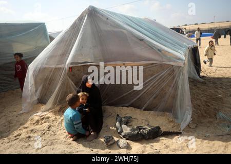 Rafah, Gaza. 9 febbraio 2024. Una donna palestinese sfollata siede di fronte a una tenda improvvisata con i suoi figli, mentre le famiglie palestinesi cercano rifugio nella zona di Mawasi mentre lottano per trovare acqua pulita, cibo e medicine mentre gli attacchi israeliani continuano a Rafah, Gaza, sabato 10 febbraio 2024. Foto di Ismael Mohamad/UPI credito: UPI/Alamy Live News Foto Stock