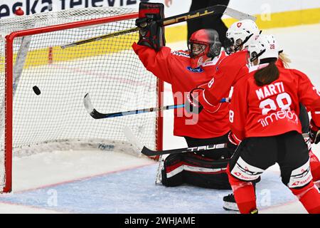 Liberec, Repubblica Ceca. 10 febbraio 2024. Euro Hockey Tour Women: Repubblica Ceca - Svizzera, Liberec, Repubblica Ceca, 10 febbraio 2024. Portiere della Svizzera Saskia Maurer. Crediti: Radek Petrasek/CTK Photo/Alamy Live News Foto Stock