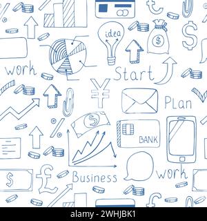 Disegnato a mano un modello senza cuciture con icone aziendali. Illustrazione vettoriale Illustrazione Vettoriale