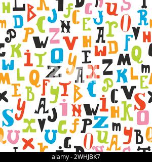 Motivo senza cuciture con lettere colorate su sfondo bianco. Alfabeto disegnato a mano per il tuo progetto. Illustrazione vettoriale Illustrazione Vettoriale