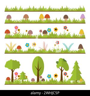 Set di elementi di progettazione di foreste piane. Funghi, erba, bacche, alberi e fiori. Sfondo foresta. Illustrazione vettoriale Illustrazione Vettoriale